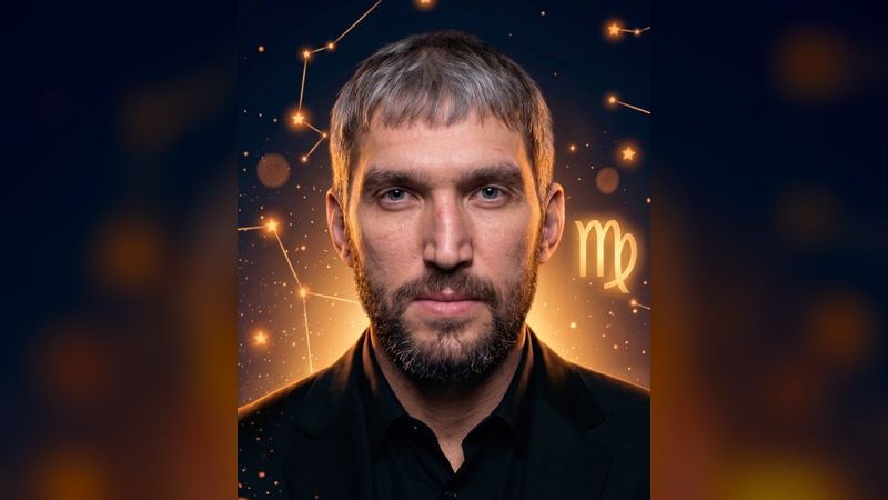 Ночное небо с зодиакальным кругом и символом Девы над ледовой ареной — иллюстрация к разбору натальной карты Александра Овечкина