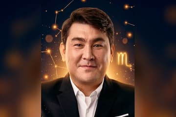 Стилизованный портрет Азамата Мусагалиева на фоне тёмно-синего звёздного неба с созвездиями и золотым символом Скорпиона — иллюстрация к разбору его натальной карты