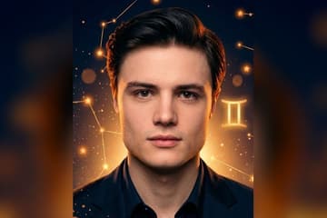 Стилизованный портрет Даниэля Вегаса на фоне тёмного звёздного неба с созвездиями — иллюстрация к разбору его натальной карты