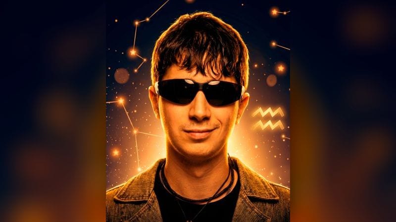 Стилизованный портрет Ильи Куруча на фоне ночного неба с созвездиями — иллюстрация к разбору его натальной карты