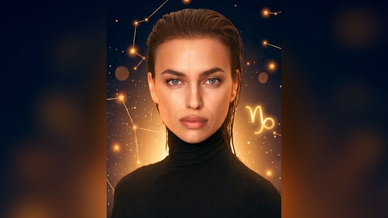 Стилизованный портрет Ирины Шейк на фоне тёмного звёздного неба с созвездиями — иллюстрация к разбору её натальной карты