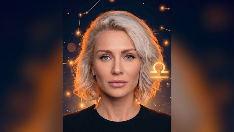 Стилизованный портрет Кати Гордон на фоне тёмного ночного неба с созвездиями — иллюстрация к разбору её натальной карты