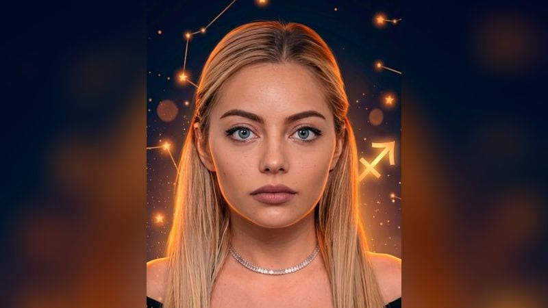 Стилизованный портрет Кати Кищук на фоне тёмно-синего звёздного неба с созвездиями — иллюстрация к разбору её натальной карты