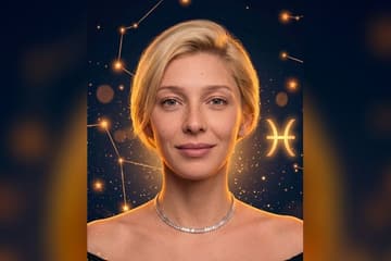 Стилизованный портрет Насти Ивлеевой на фоне тёмного звёздного неба с золотыми созвездиями — иллюстрация к разбору её натальной карты