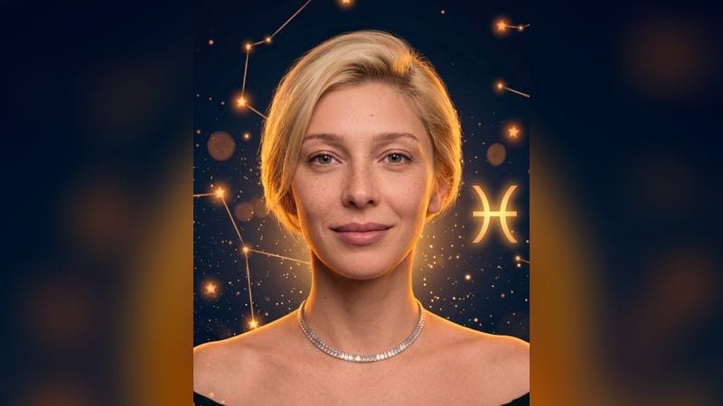 Стилизованный портрет Насти Ивлеевой на фоне тёмного звёздного неба с золотыми созвездиями — иллюстрация к разбору её натальной карты
