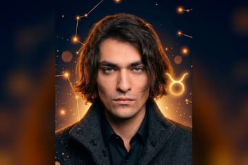 Стилизованный портрет Олега Шепса на фоне тёмного звёздного неба с созвездиями — иллюстрация к разбору его натальной карты