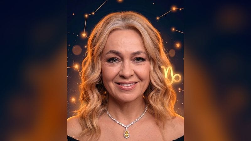 Стилизованный портрет Яны Рудковской на фоне тёмного звёздного неба с созвездиями — иллюстрация к разбору её натальной карты